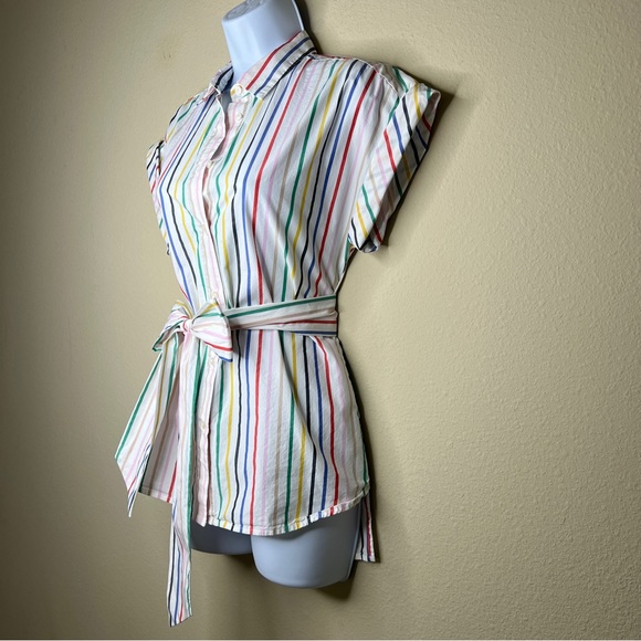 J CREW Button-Front Tie-Waist Top in Rainbow Mini Stripe Poplin - L6710 - Sz XS - Picture 7 of 11